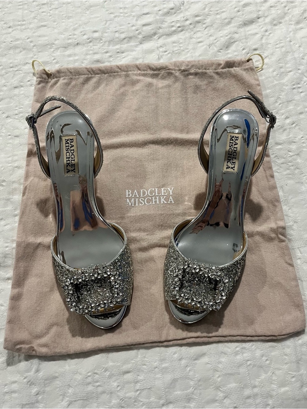 Badgley Mischka Silver Crystal Embellished Peep-Toe Slingbacks
